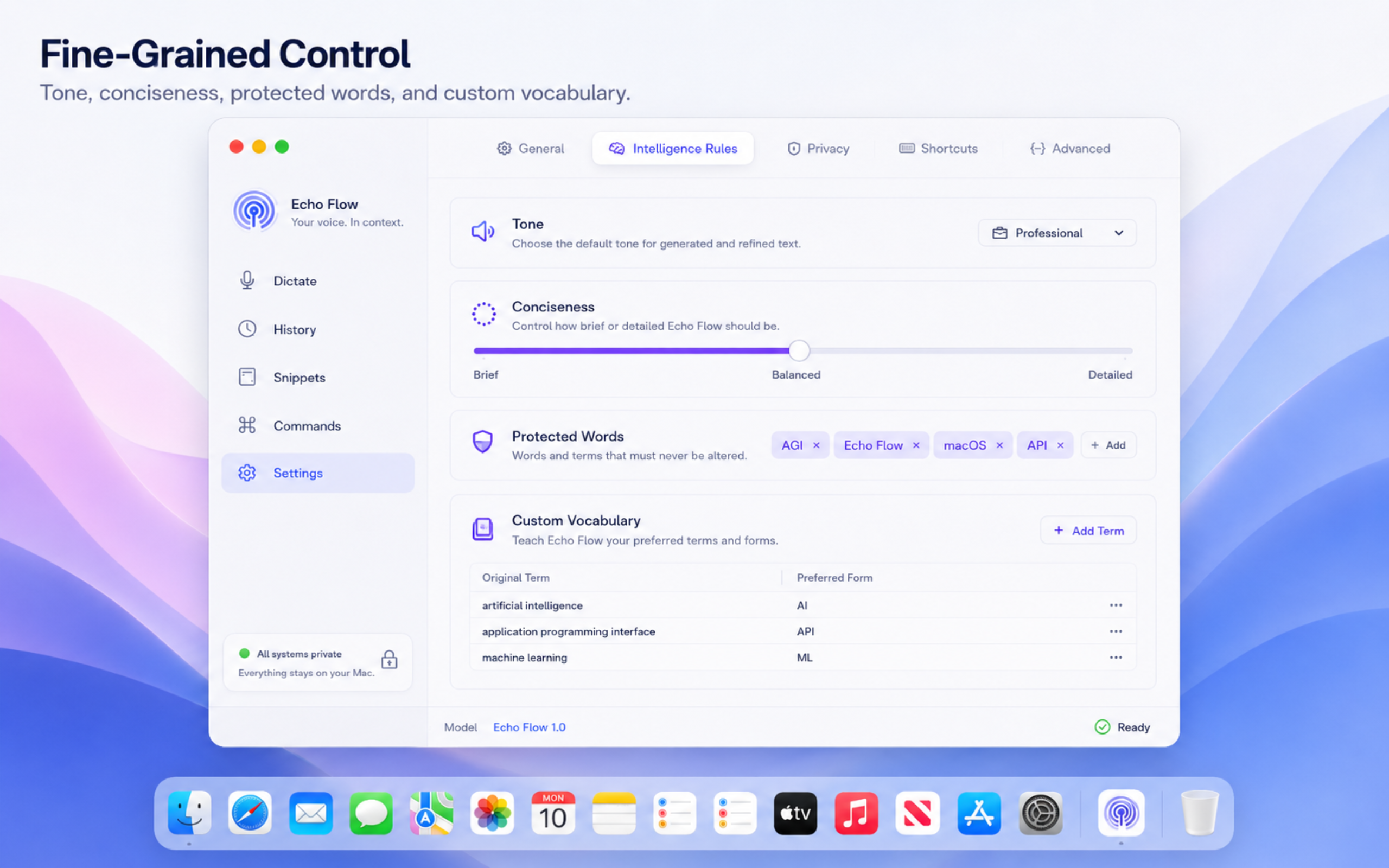 Echo Flow Intelligence Rules showing tone, conciseness, protected words, and custom vocabulary controls