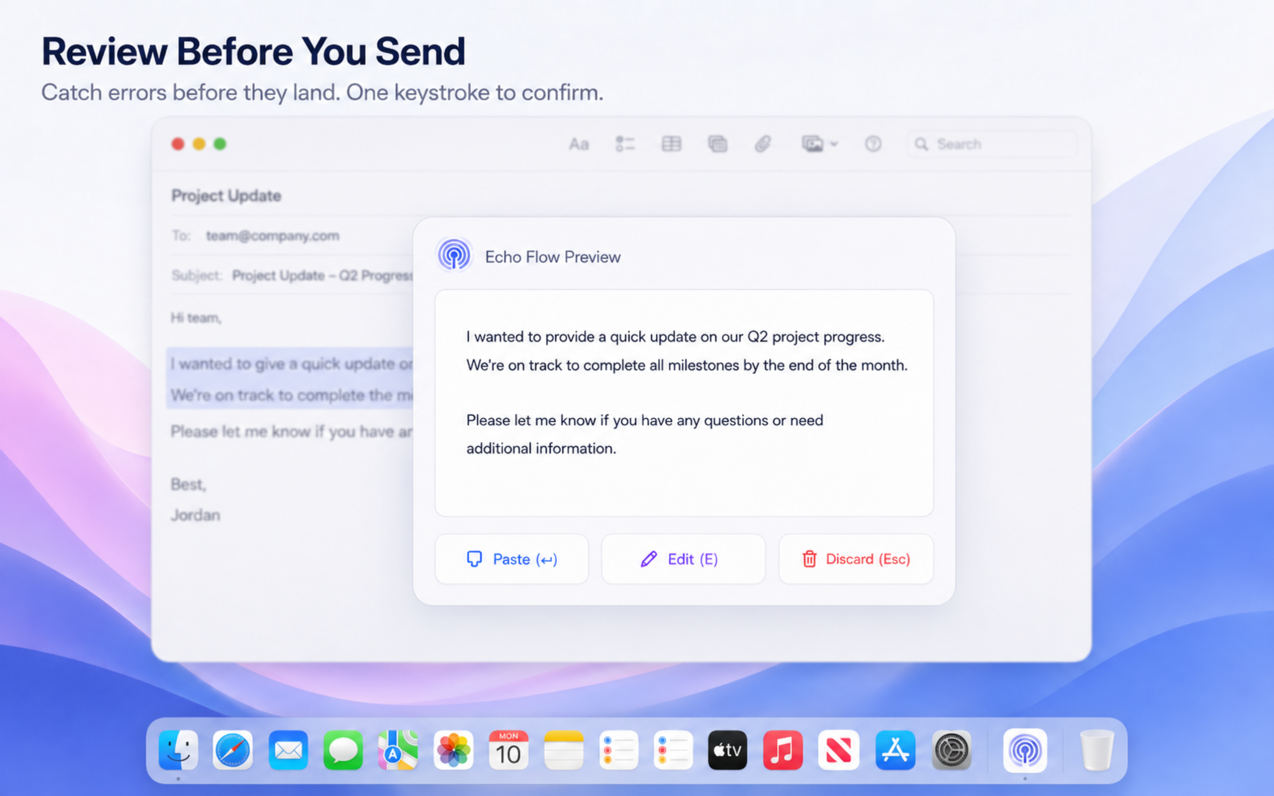 Echo Flow Preview Before Paste popup showing polished text with Paste, Edit, and Discard options