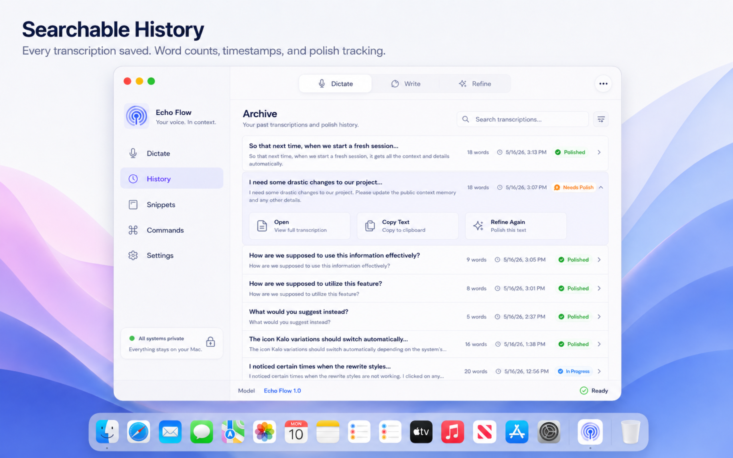 Echo Flow Archive showing searchable transcription history with word counts, timestamps, and polish tracking
