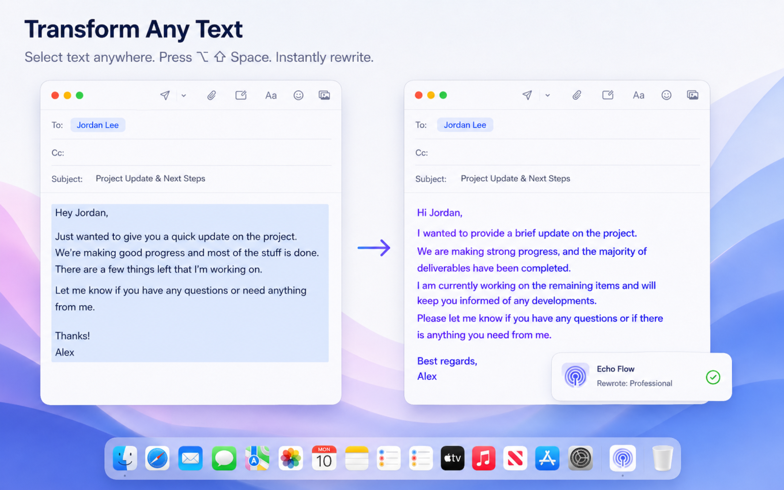 Echo Flow transforming selected rough text into a polished professional update